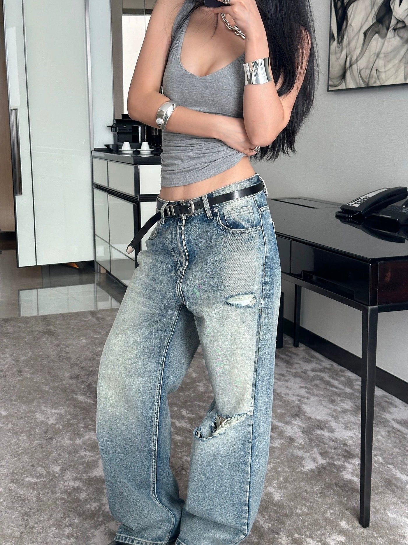 DQ Light Wash Wide Ripped Jeans-korean-fashion-Jeans-DQ's Closet-OH Garments