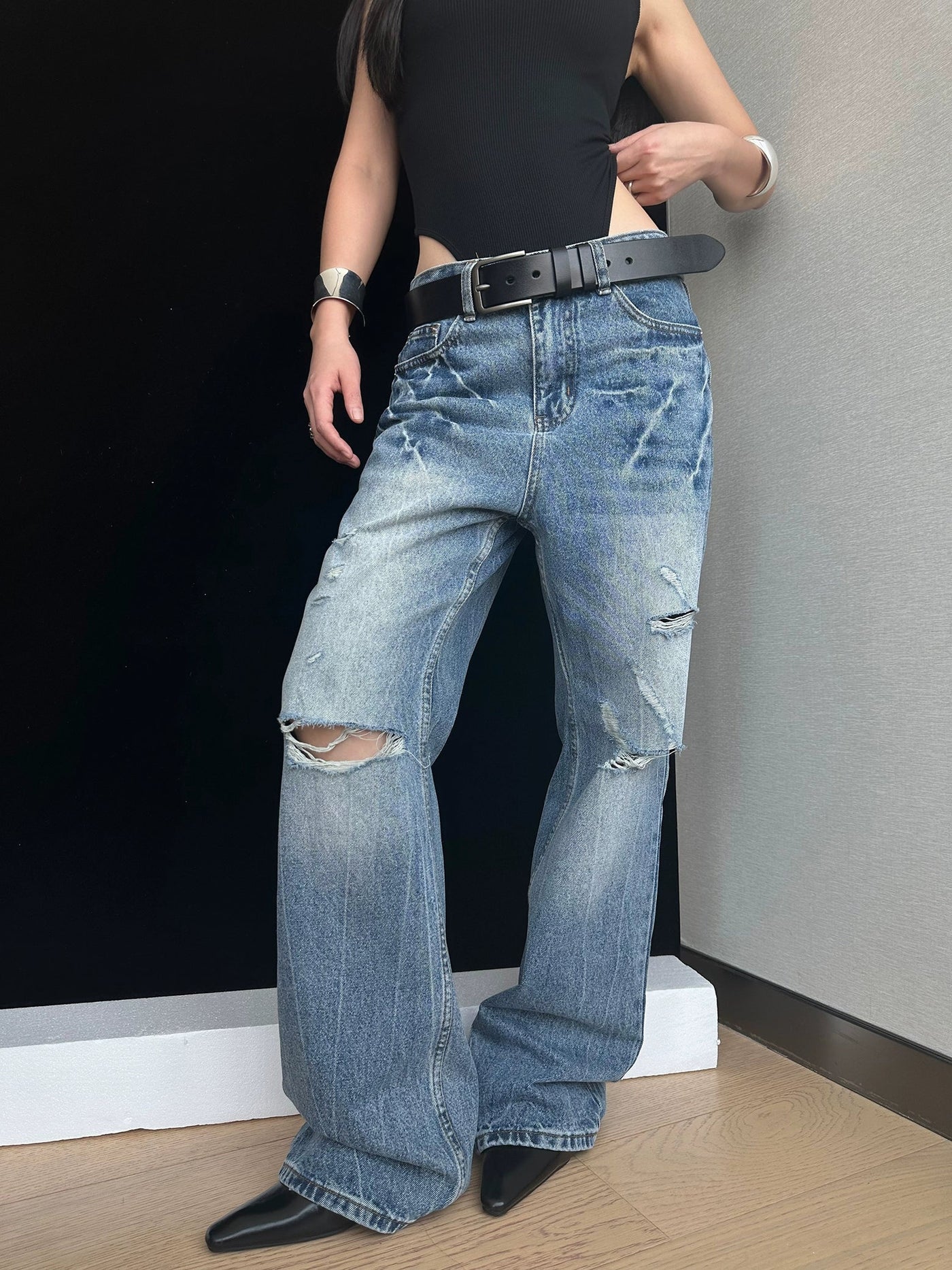 DQ Lightning Crack Washed Jeans-korean-fashion-Jeans-DQ's Closet-OH Garments