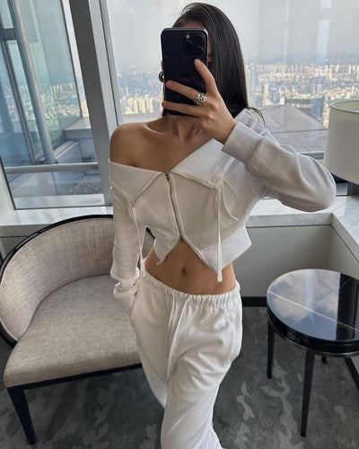 DQ Off Shoulder Zippered and Cropped Jacket-korean-fashion-Jacket-DQ's Closet-OH Garments