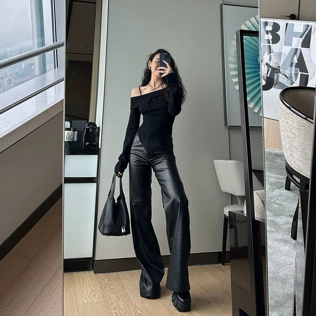 DQ Stitched Matte Loose Flare Leg Pants-korean-fashion-Pants-DQ's Closet-OH Garments