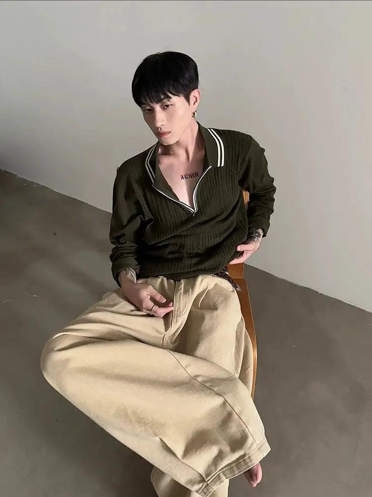 Gen Contrast Cable Knit Half-Zip-korean-fashion-Half-Zip-Gen's Closet-OH Garments