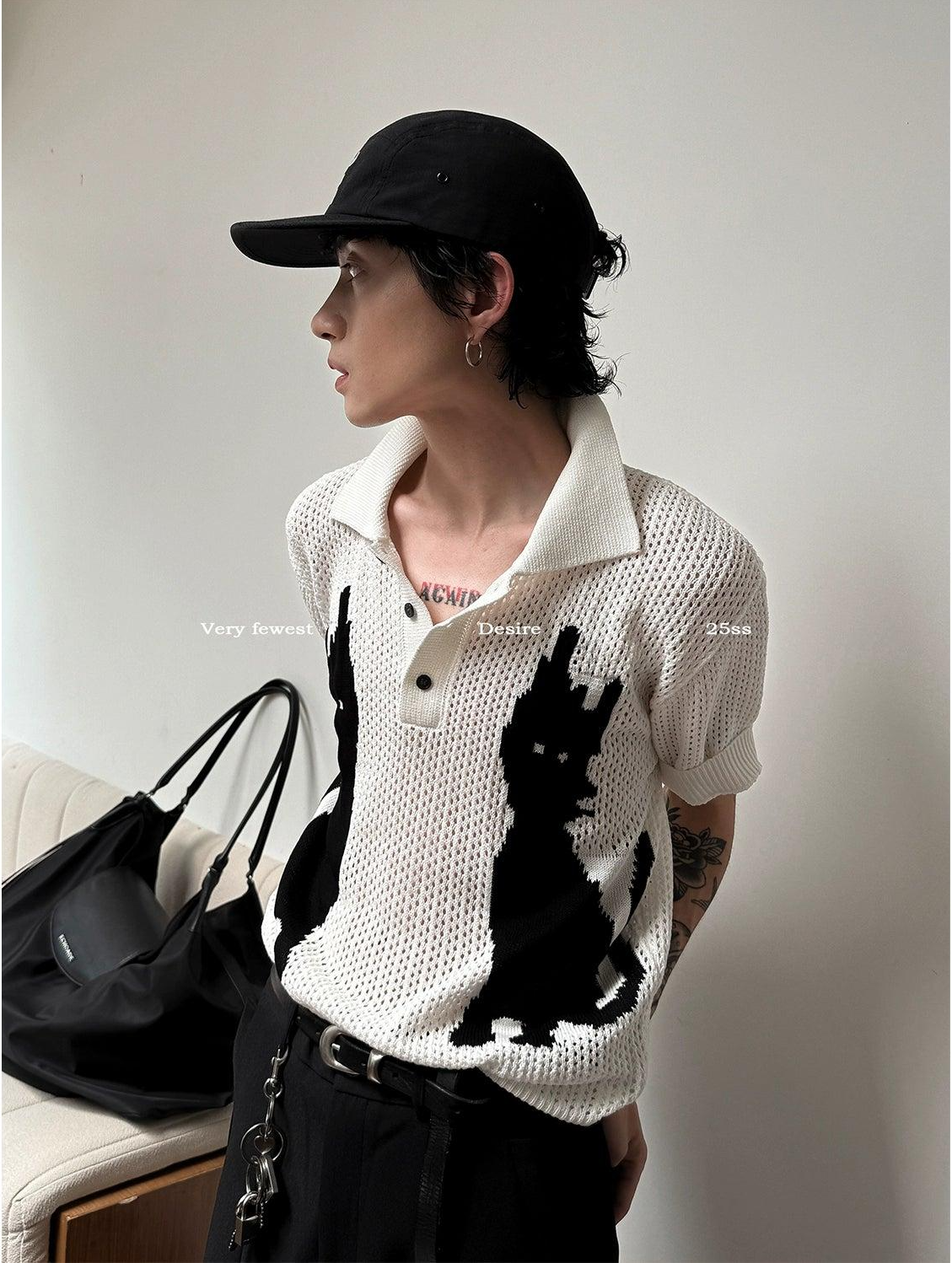 Gen Contrast Cat Graphic Knit Polo-korean-fashion-Polo-Gen's Closet-OH Garments