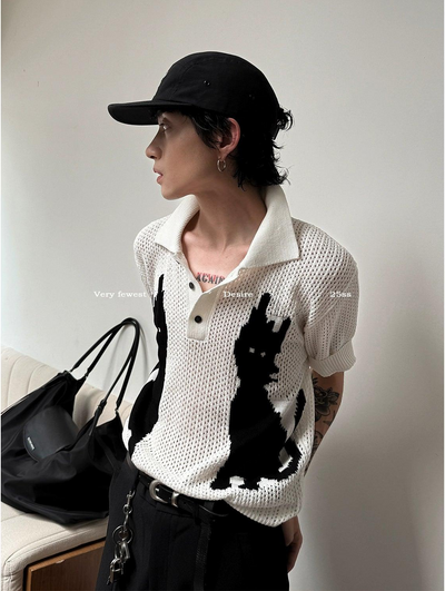 Gen Contrast Cat Graphic Knit Polo-korean-fashion-Polo-Gen's Closet-OH Garments