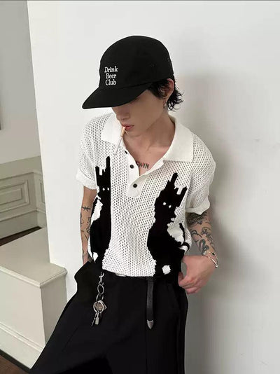 Gen Contrast Cat Graphic Knit Polo-korean-fashion-Polo-Gen's Closet-OH Garments