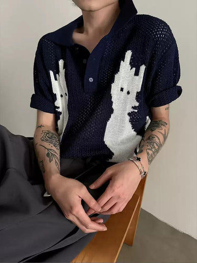 Gen Contrast Cat Graphic Knit Polo-korean-fashion-Polo-Gen's Closet-OH Garments