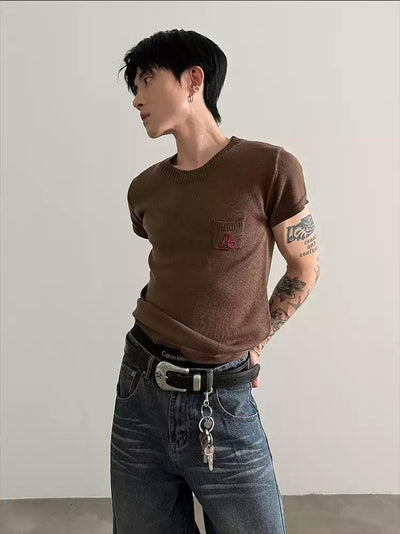 Gen Contrast Embroidery Knitted T-Shirt-korean-fashion-T-Shirt-Gen's Closet-OH Garments