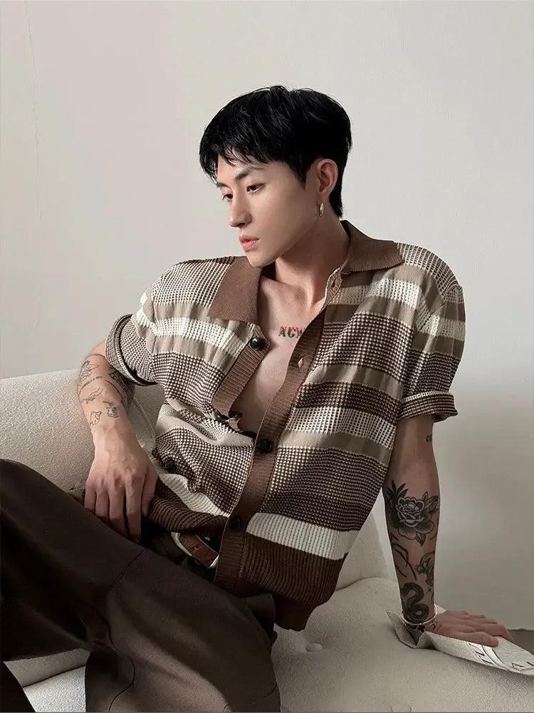 Gen Contrast Striped Collared Knit Cardigan-korean-fashion-Cardigan-Gen's Closet-OH Garments