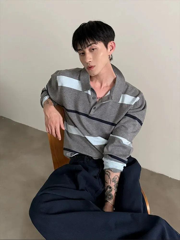Gen Contrast Striped Pattern Knit Polo-korean-fashion-Polo-Gen's Closet-OH Garments