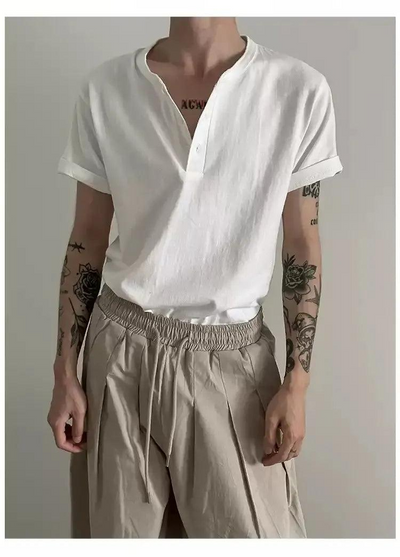 Gen Henley Collar S/S T-Shirt-korean-fashion-T-Shirt-Gen's Closet-OH Garments