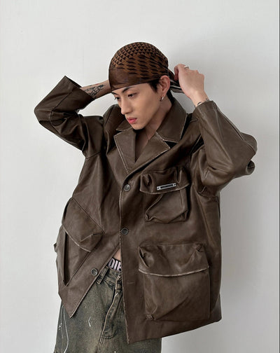 Gen Large Pocket Scratched Leather Blazer-korean-fashion-Blazer-Gen's Closet-OH Garments