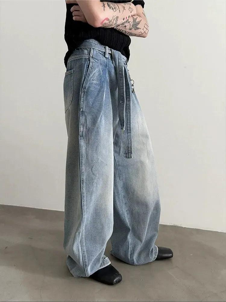 Gen Mud-Dyed Belt Strap Wide Jeans-korean-fashion-Jeans-Gen's Closet-OH Garments