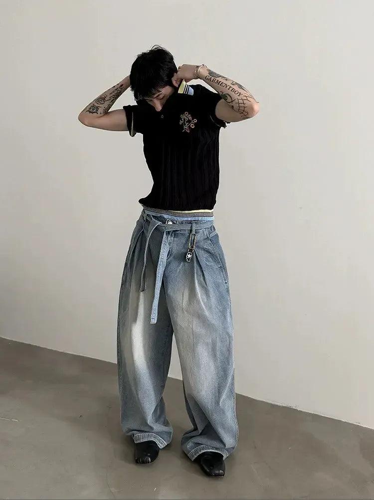 Gen Mud-Dyed Belt Strap Wide Jeans-korean-fashion-Jeans-Gen's Closet-OH Garments