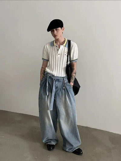 Gen Mud-Dyed Belt Strap Wide Jeans-korean-fashion-Jeans-Gen's Closet-OH Garments