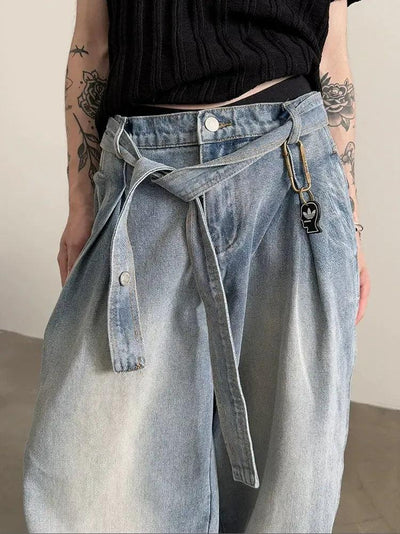 Gen Mud-Dyed Belt Strap Wide Jeans-korean-fashion-Jeans-Gen's Closet-OH Garments