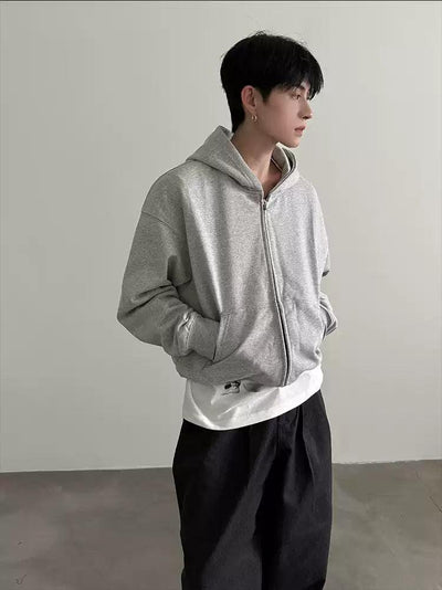 Gen Plain Color Ribbed Hem Zip-Up Hoodie-korean-fashion-Hoodie-Gen's Closet-OH Garments