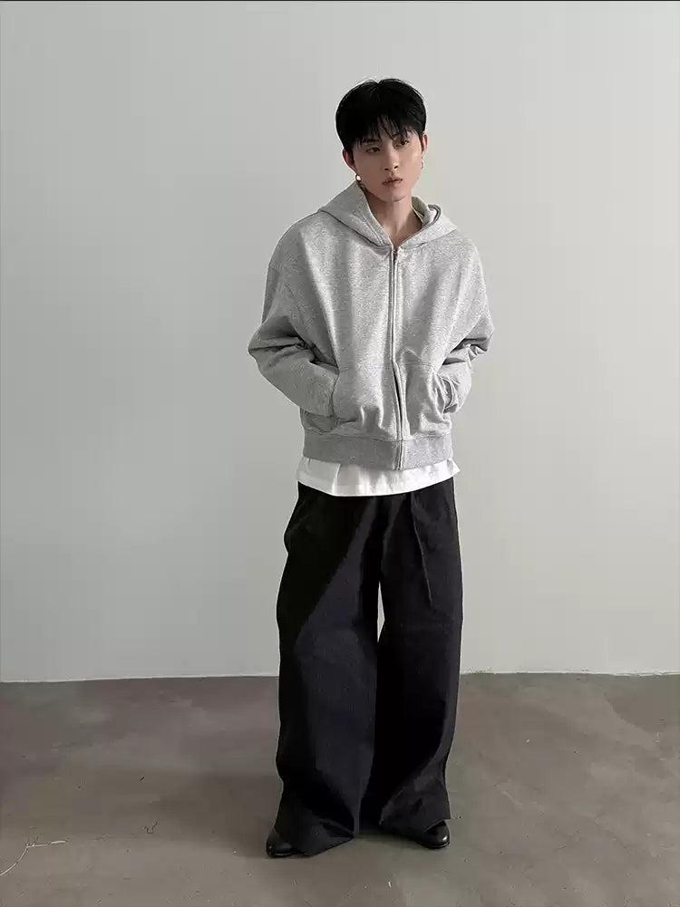 Gen Plain Color Ribbed Hem Zip-Up Hoodie-korean-fashion-Hoodie-Gen's Closet-OH Garments