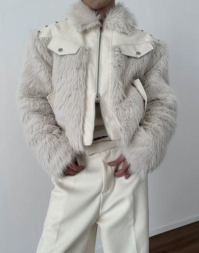 Gen Spliced Fur Double Zip Short Leather Jacket-korean-fashion-Jacket-Gen's Closet-OH Garments