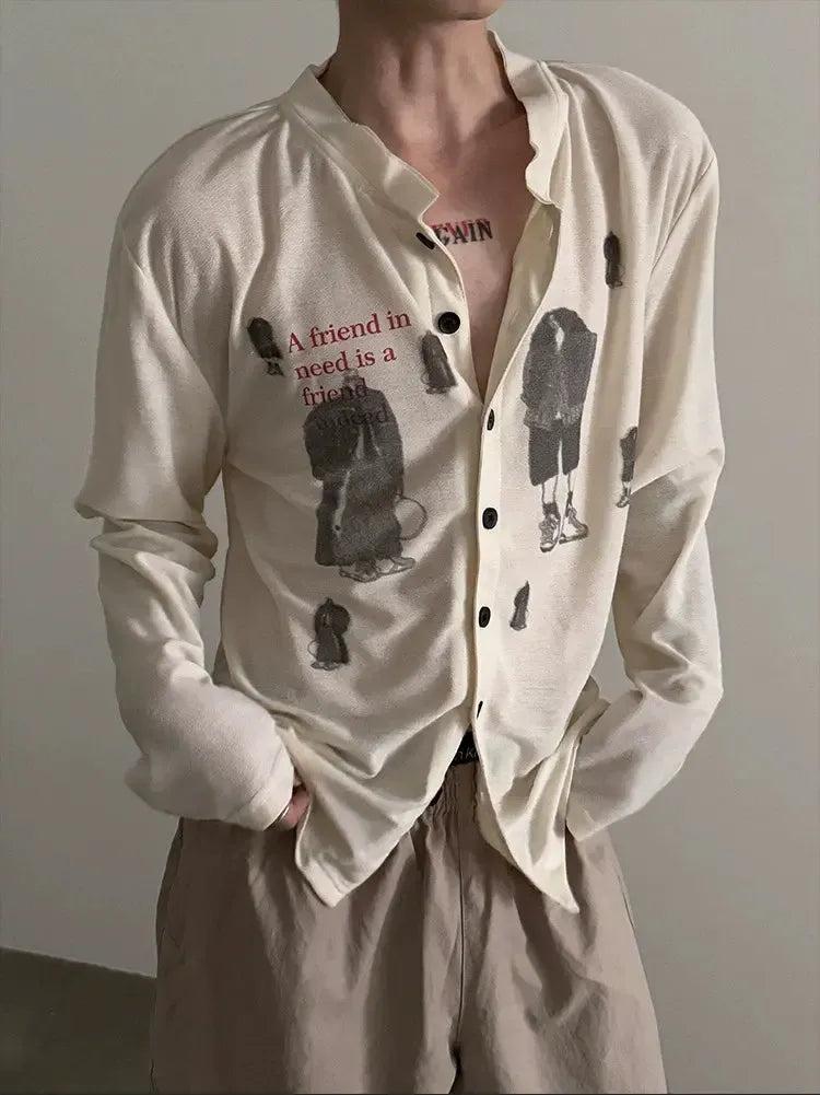Gen Stand Collar Graphic Print Shirt-korean-fashion-Shirt-Gen's Closet-OH Garments