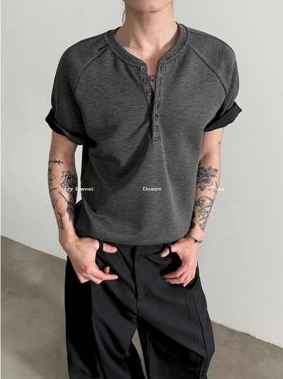 Gen Structured Henley Collar T-Shirt-korean-fashion-T-Shirt-Gen's Closet-OH Garments