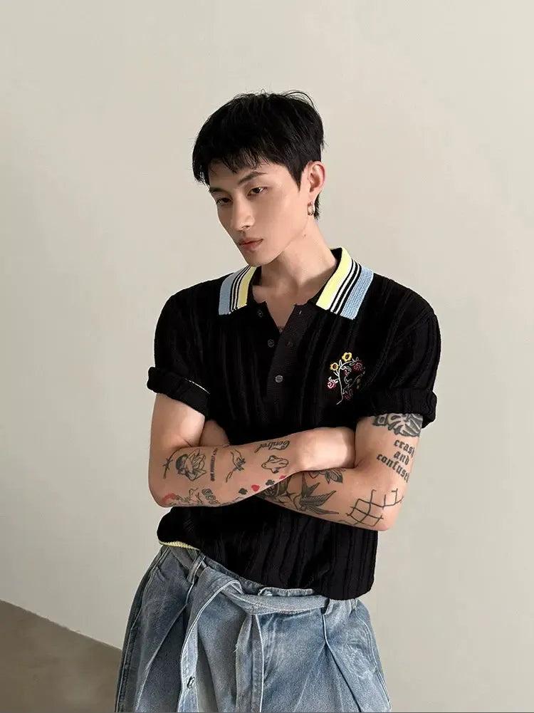 Gen Textured Floral Embroidery Knit Polo-korean-fashion-Polo-Gen's Closet-OH Garments