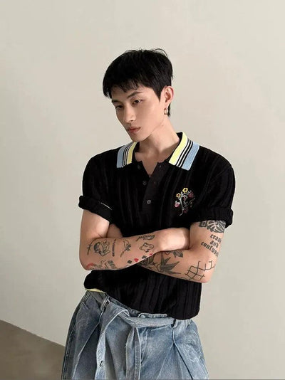 Gen Textured Floral Embroidery Knit Polo-korean-fashion-Polo-Gen's Closet-OH Garments