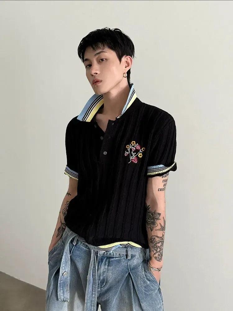 Gen Textured Floral Embroidery Knit Polo-korean-fashion-Polo-Gen's Closet-OH Garments