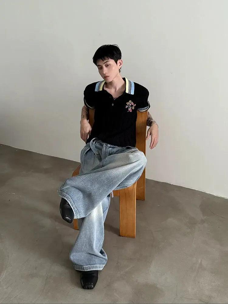Gen Textured Floral Embroidery Knit Polo-korean-fashion-Polo-Gen's Closet-OH Garments