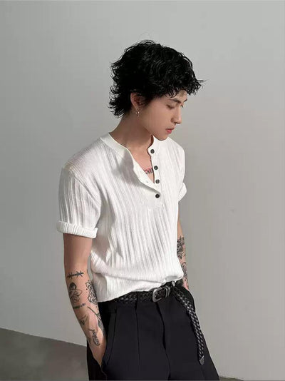 Gen Textured Henley Collar Knit T-Shirt-korean-fashion-Shirt-Gen's Closet-OH Garments