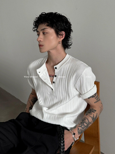 Gen Textured Henley Collar Knit T-Shirt-korean-fashion-Shirt-Gen's Closet-OH Garments