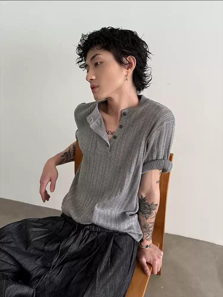 Gen Textured Henley Collar Knit T-Shirt-korean-fashion-Shirt-Gen's Closet-OH Garments
