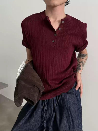 Gen Textured Henley Collar Knit T-Shirt-korean-fashion-Shirt-Gen's Closet-OH Garments