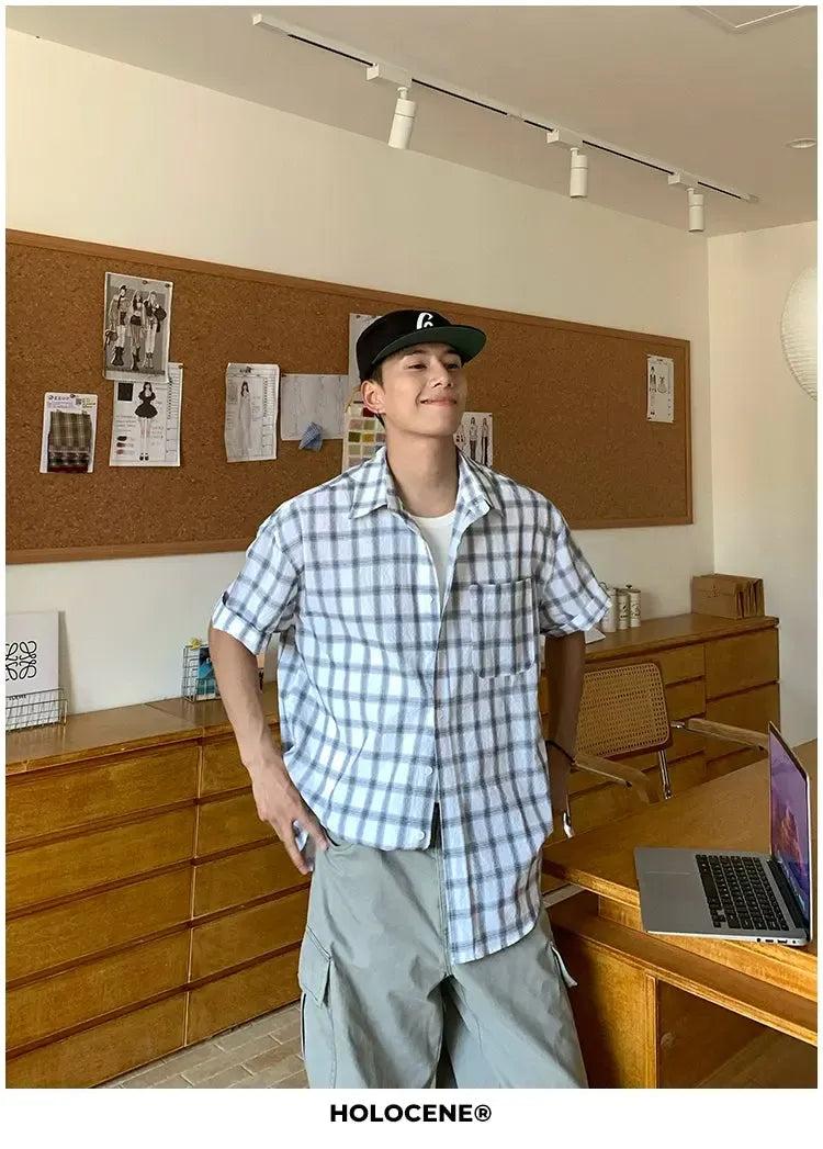 Holo Checked Button-Down S/S Shirt-korean-fashion-Shirt-Holo's Closet-OH Garments