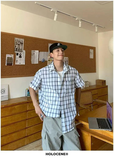 Holo Checked Button-Down S/S Shirt-korean-fashion-Shirt-Holo's Closet-OH Garments