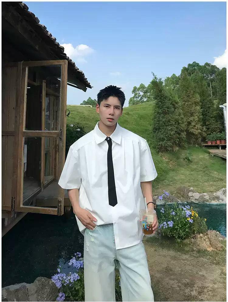Holo Collegiate Neck-Tie Contrast Shirt-korean-fashion-Shirt-Holo's Closet-OH Garments