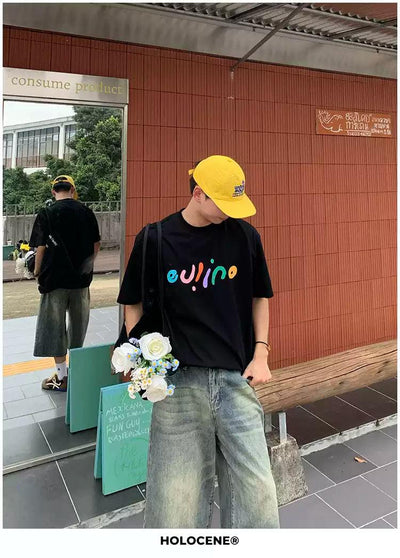 Holo Colored Text Print T-Shirt-korean-fashion-T-Shirt-Holo's Closet-OH Garments