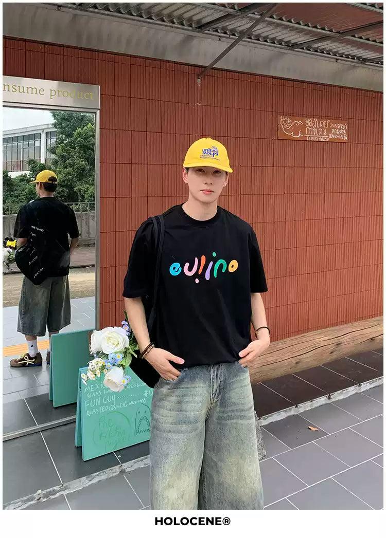 Holo Colored Text Print T-Shirt-korean-fashion-T-Shirt-Holo's Closet-OH Garments