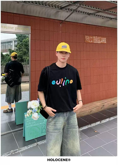 Holo Colored Text Print T-Shirt-korean-fashion-T-Shirt-Holo's Closet-OH Garments