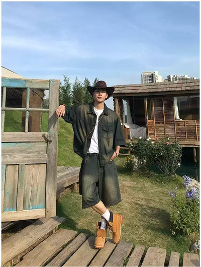 Holo Faded Flap Pocket Denim Shirt & Denim Shorts Set-korean-fashion-Clothing Set-Holo's Closet-OH Garments