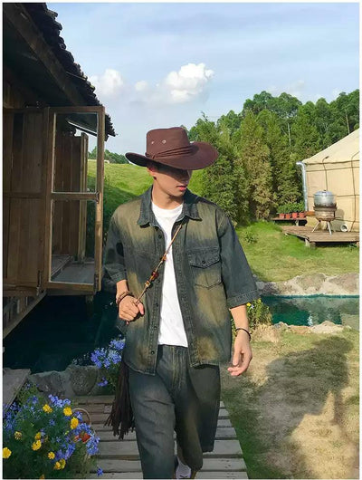 Holo Faded Flap Pocket Denim Shirt & Denim Shorts Set-korean-fashion-Clothing Set-Holo's Closet-OH Garments