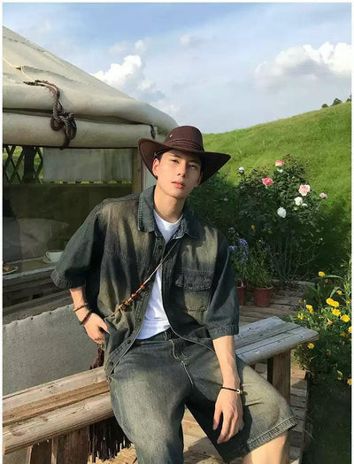 Holo Faded Flap Pocket Denim Shirt & Denim Shorts Set-korean-fashion-Clothing Set-Holo's Closet-OH Garments