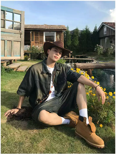 Holo Faded Flap Pocket Denim Shirt & Denim Shorts Set-korean-fashion-Clothing Set-Holo's Closet-OH Garments
