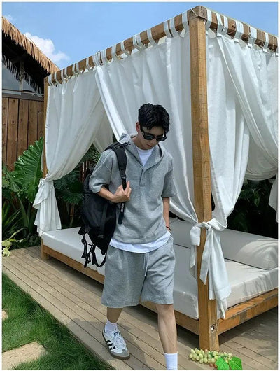 Holo Sporty Half-Buttoned Hooded T-Shirt & Drawstring Sweat Shorts Set-korean-fashion-Clothing Set-Holo's Closet-OH Garments