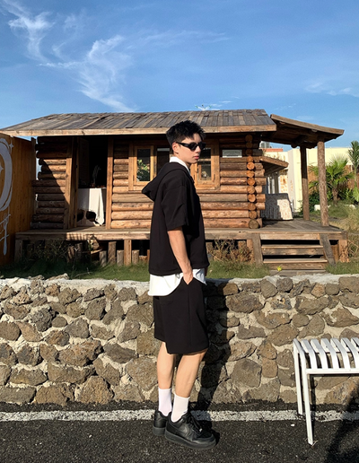 Holo Sporty Half-Buttoned Hooded T-Shirt & Drawstring Sweat Shorts Set-korean-fashion-Clothing Set-Holo's Closet-OH Garments