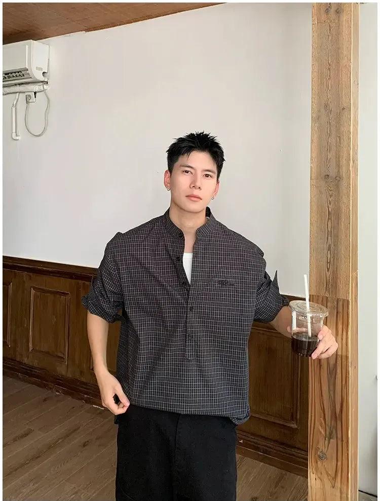 Holo Stand Collar Half-Buttoned Plaid Shirt-korean-fashion-Shirt-Holo's Closet-OH Garments