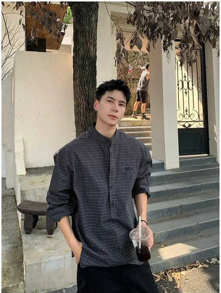 Holo Stand Collar Half-Buttoned Plaid Shirt-korean-fashion-Shirt-Holo's Closet-OH Garments