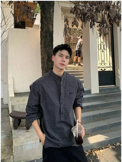 Holo Stand Collar Half-Buttoned Plaid Shirt-korean-fashion-Shirt-Holo's Closet-OH Garments