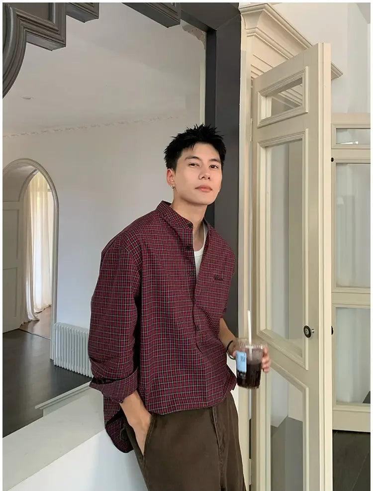 Holo Stand Collar Half-Buttoned Plaid Shirt-korean-fashion-Shirt-Holo's Closet-OH Garments