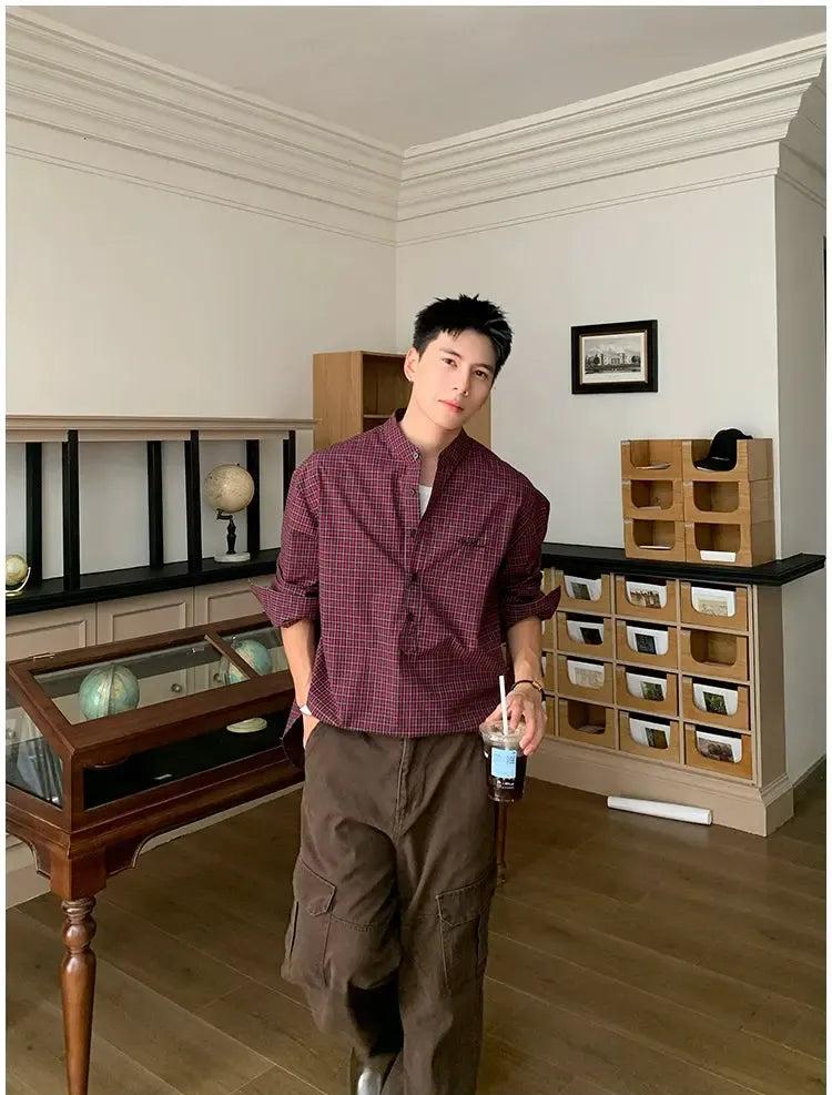Holo Stand Collar Half-Buttoned Plaid Shirt-korean-fashion-Shirt-Holo's Closet-OH Garments