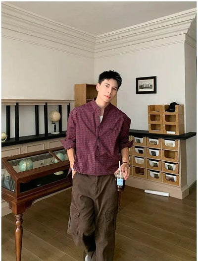 Holo Stand Collar Half-Buttoned Plaid Shirt-korean-fashion-Shirt-Holo's Closet-OH Garments