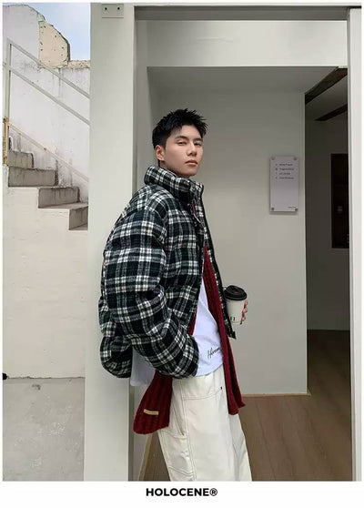 Holo Stand Collar Plaid Puffer Jacket-korean-fashion-Jacket-Holo's Closet-OH Garments